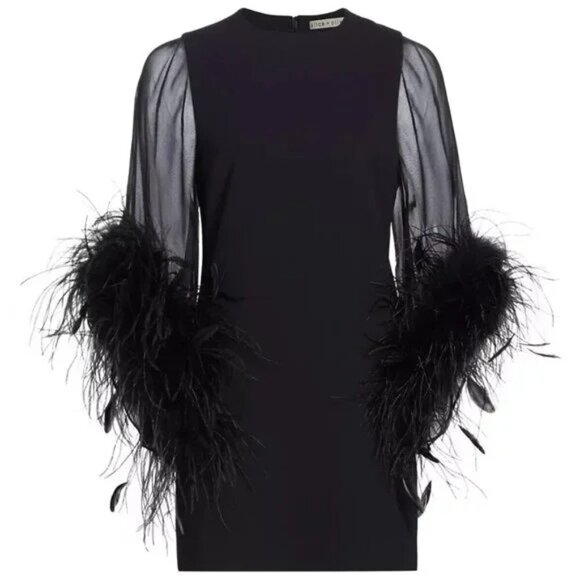 NWT Alice + Olivia $1,074 Black Izola Feather Cuff Mini Dress Size 4 - Picture 2 of 5